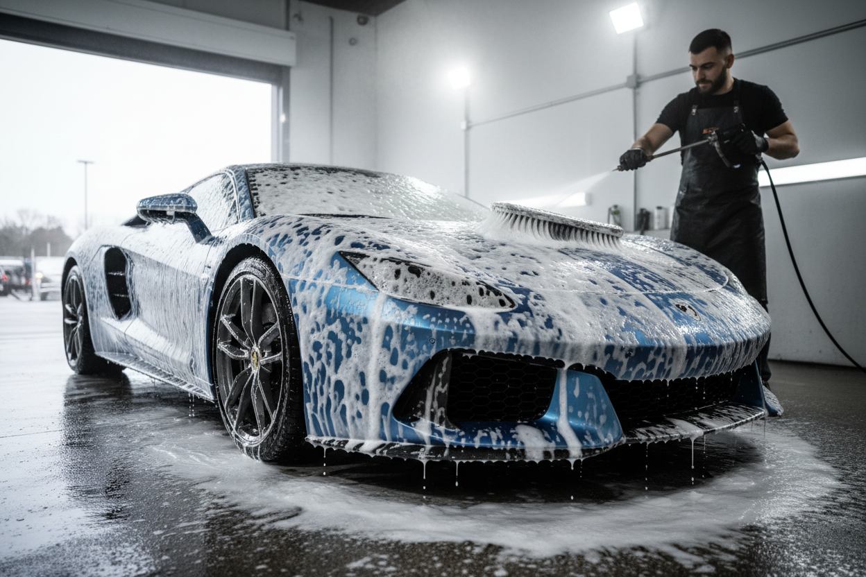 Sports car covered in soap suds